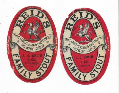 WATNEY COMBE REID - PAIR OF VERY LARGE LABEL - 138mm TALL - A. J. SMITH OF LONDON - c1912 - SEE BOTH PICS