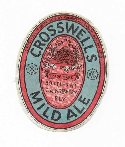 CROSSWELLS  BREWERY ELY - MILD ALE - WITH BEEHIVE - 73mm TALL - PIN HOLE LOWER CENTRE - NEEDS A SOAK OFF