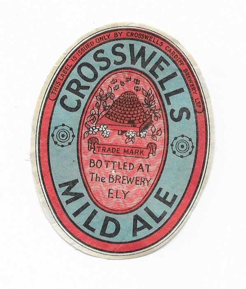 CROSSWELLS BREWERY ELY - MILD ALE - WITH BEEHIVE - 73mm TALL - PIN HOLE LOWER CENTRE - NEEDS A SOAK OFF
