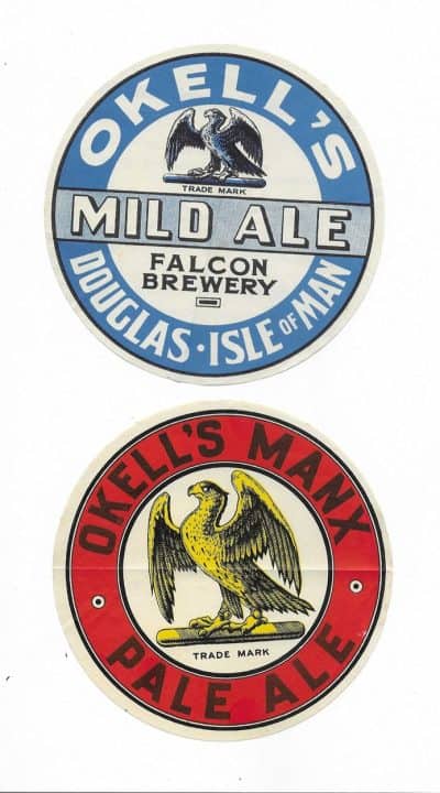 OKELL OF DOUGLAS - ISLE OF MAN - 2 KEG / BARREL LABELS - 125mm TALL - HAVE CREASES - SEE 2 PICS