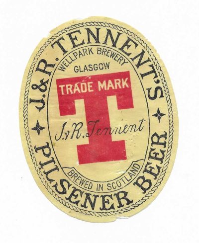 TENNENT'S OF GLASGOW - LARGE PILSNER BEER LABEL - APPROX 113mm TALL - NEEDS A SOAK OFF - 2 PICS
