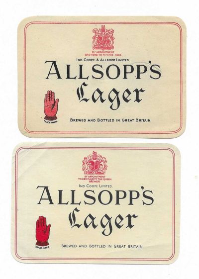ALLSOPP'S LAGER - TO THE KING & TO THE QUEEN PAIR A - 72mm TALL - SEE BOTH SCANS OF FRONTS & BACKS