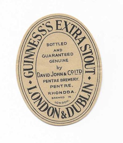 GUINNESS - SMALL LABEL - DAVID JOHN OF PENTRE BREWERY - RHONDDA - 60mm TALL