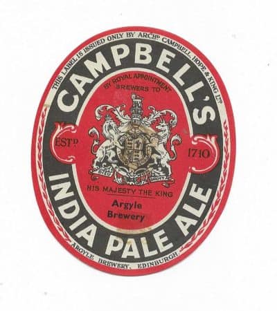 CAMPBELL'S ARGYLE BREWERY - I.P.A. - BAD MARK VISIBLE FROM FRONT - SEE 2 SCANS