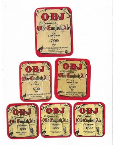 DUTTON'S BLACKBURN BREWERY - GROUP OF " O.B.J. " OLD ENGLISH ALE - LARGE IS 96mm TALL - SEE BOTH PICS