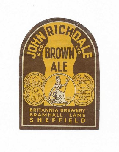 JOHN RICHDALE - BROWN ALE - 88mm TALL - SMALL TEAR AT TOP - FAIR