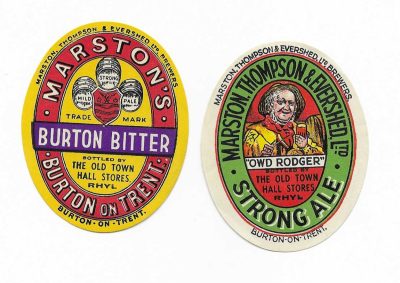 MARSTON - SCARCE - BURTON BITTER & OWD ROGER - 73mm  - THE OLD TOWN HALL STORES OF RHYL - V.G. CONDITION