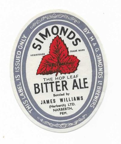 SIMONDS - BITTER ALE OVAL - SMALL SIZE - 81mm TALL - WILLIAMS OF NARBERTH - GOOD CONDITION