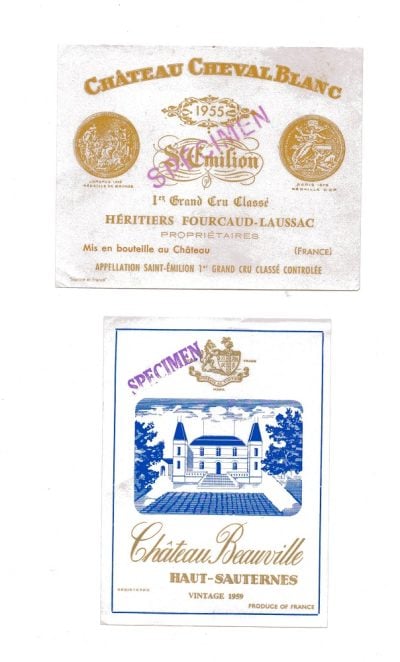 SPECIMEN  LABEL PAIR B - CHATEAUS BEAUVILLE - CHEVAL BLANC - c1955