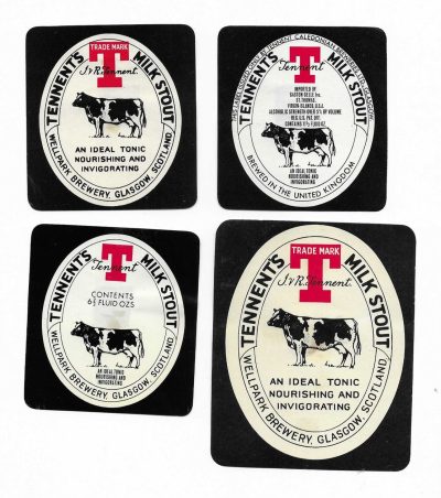 TENNENT OF GLASGOW - 7 DIFFERENT COW MILK STOUT LABELS - SEE ALL 4 PICS