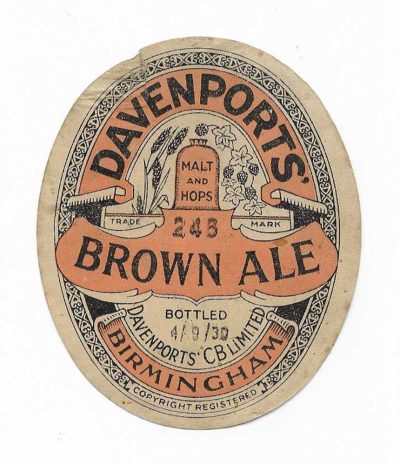DAVENPORT BROWN ALE - BOTTLED SEPT 1930 - TATTY TOP LEFT - SEE 2 PICS