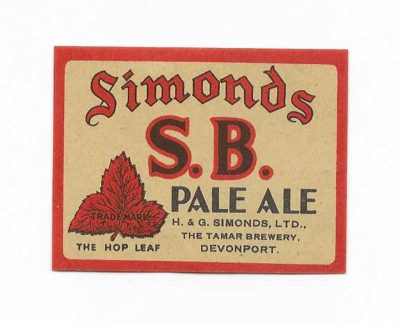 SIMONDS - SMALL LABEL - TAMAR BREWERY DEVONPORT - S. B. PALE ALE