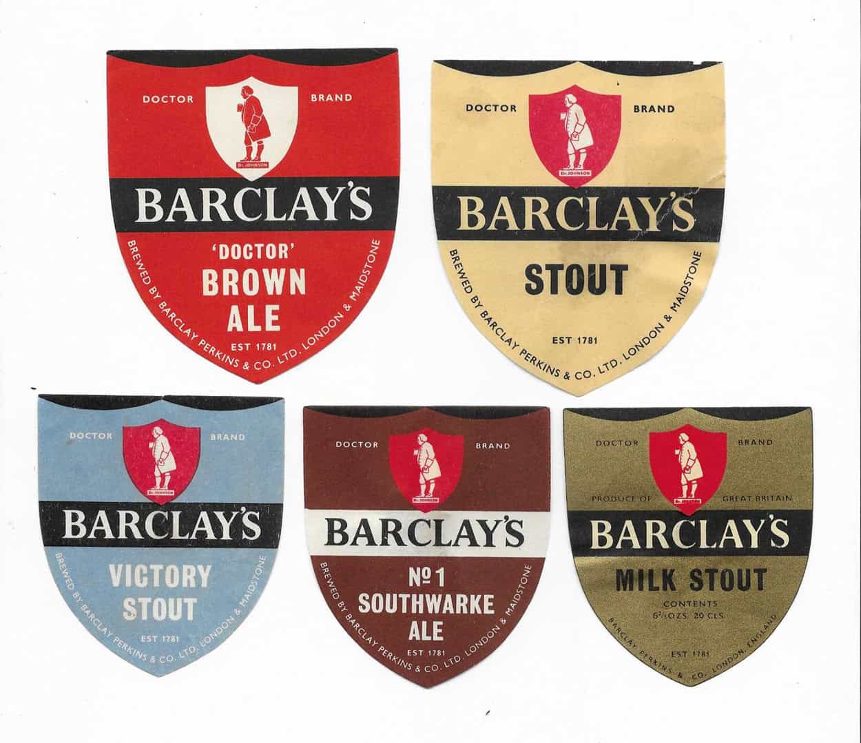 BARCLAY PERKINS 5 DIFFERENT SHIELD SHAPED LABELS – SEE 2 PICS – British ...