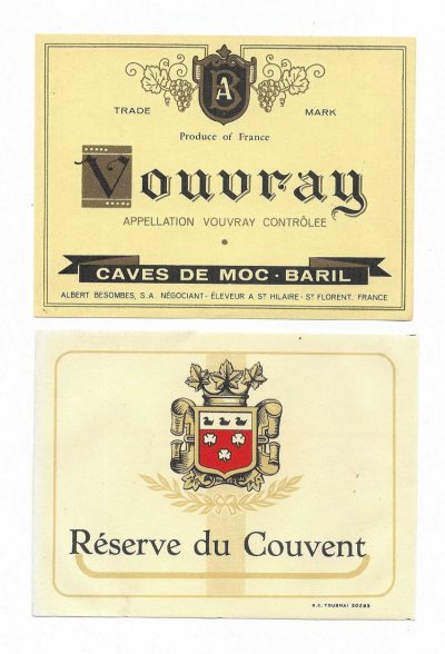 2 ODD WINE LABELS - ALMOST MINT - VOUVRAY & DU COUVENT