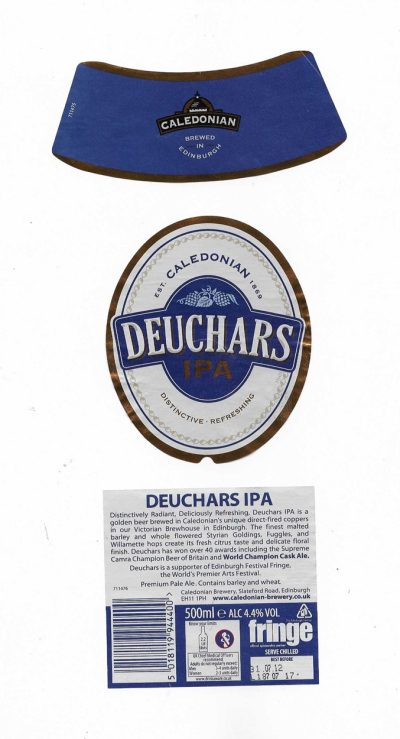 CALEDONIAN BREWERY OF EDINBURGH - DEUCHARS IPA - SOAKED OFF BOTTLE