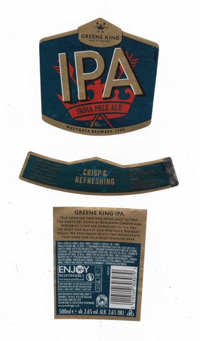 GREENE KING - BURY ST. EDMUNDS - I.P.A. GREEN / BLUE BB - SOAKED OFF BOTTLE