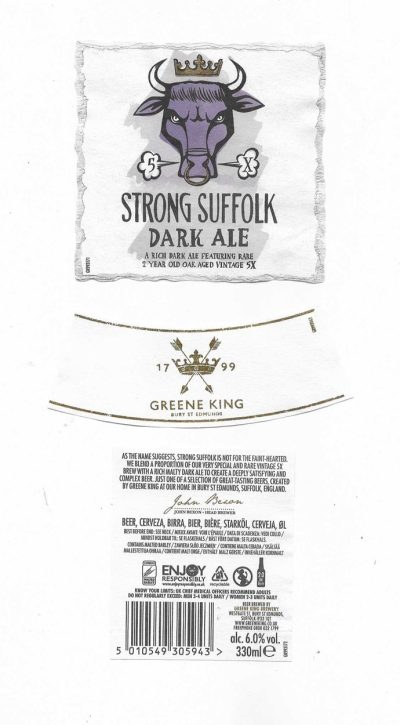 GREENE KING - BURY ST. EDMUNDS - STRONG SUFFOLK DARK ALE - SOAKED OFF BOTTLE