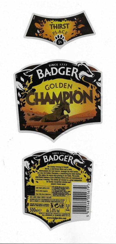 HALL & WOODHOUSE OF BLANDFORD - DORSET - GOLDEN CHAMPION ( B ) - SOAKED OFF BOTTLE