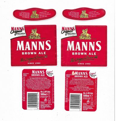 MANNS BROWN ALE - MARSTON'S PLC - 2 SETS OF 3 - DIFFERENT BACK RECIPE LABELS  - NO. 3 & 4 - SOAKED OFF BOTTLES