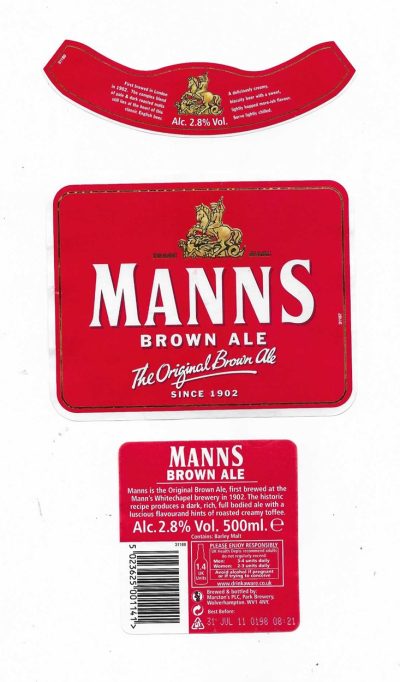 MANNS BROWN ALE - MARSTON'S PLC - SOAKED OFF BOTTLE