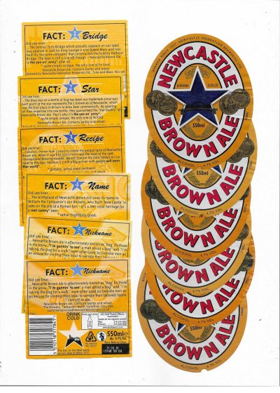HEINEKEN - TADCASTER - NEWCASTLE BROWN ALE BLUE STAR GROUP - 6 DIFFERENT BACKS - 103mm TALL - SOAKED OFF BOTTLE
