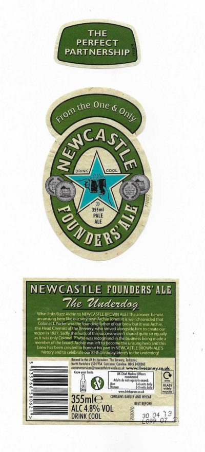 HEINEKEN - TADCASTER - NEWCASTLE FOUNDERS ALE - 89mm TALL - SOAKED OFF BOTTLE