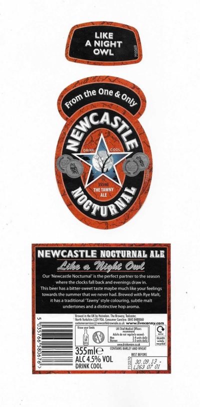 HEINEKEN - TADCASTER - NEWCASTLE NOCTURNAL - 89mm TALL - SOAKED OFF BOTTLE