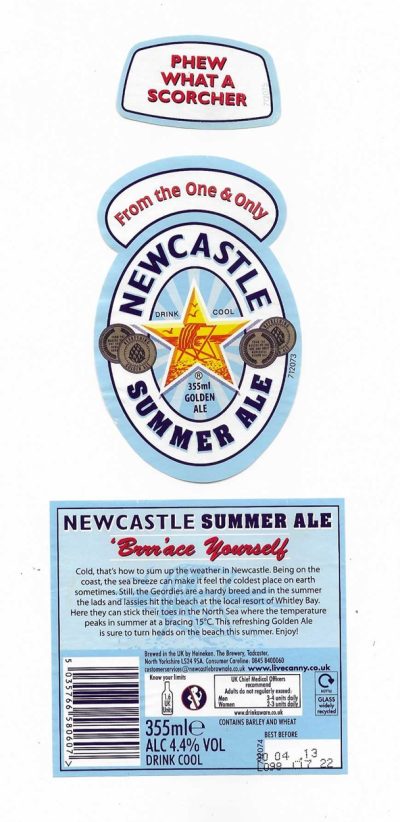 HEINEKEN - TADCASTER - NEWCASTLE SUMMER ALE - 89mm TALL - SOAKED OFF BOTTLE