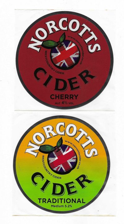 NORCOTTS CIDER - 2 LARGE UNUSED STICKERS - 118mm