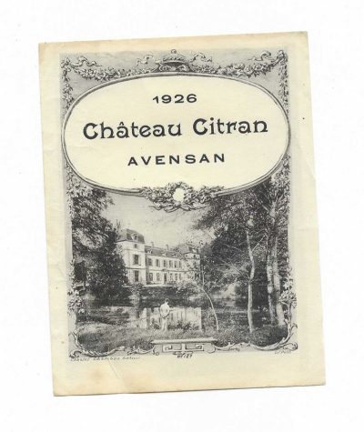 CHATEAU CITRAN - AVENSEN - WINE LABEL FAIR / GOOD - 1926