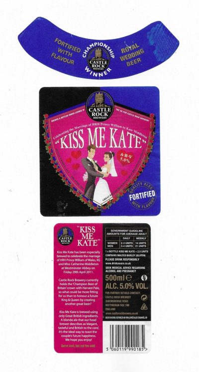 CASTLE ROCK BREWERY - NOTTINGHAM - KISS ME KATE - WILLIAM AND KATE WEDDING - USED