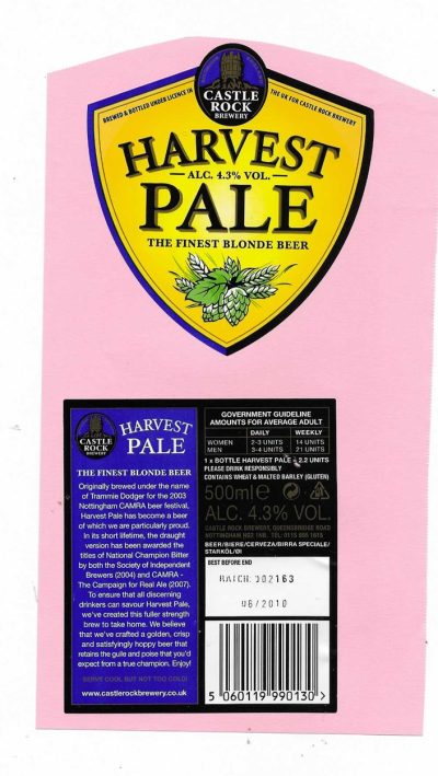 CASTLE ROCK BREWERY - FRONT AND BACK LABEL STUCK DOWN ON PAPER - USED