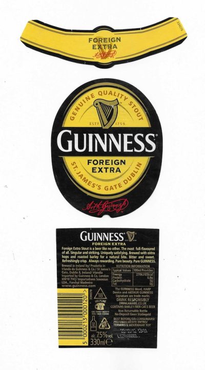 GUINNESS - FOREIGN EXTRA  ( MAIN LABEL IS 94mm TALL ) - FRONT BACK & NECK SET - USED