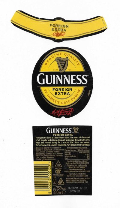 GUINNESS - FOREIGN EXTRA  ( MAIN LABEL IS 85mm TALL ) - FRONT BACK & NECK SET - USED