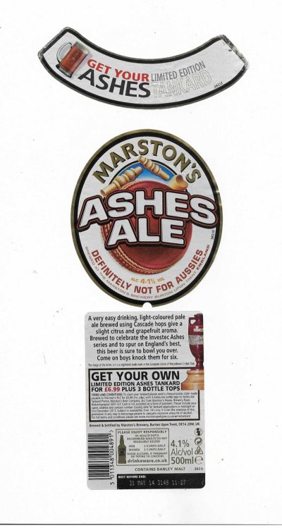 MARSTON'S BREWERY - BURTON UPON TRENT - ASHES ALE ( B ) - CRICKET - USED