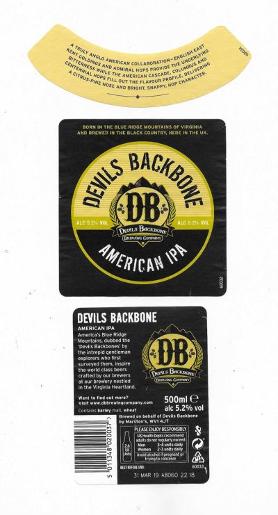 MARSTON'S BREWERY - BURTON UPON TRENT - DEVILS BACKBONE - USED