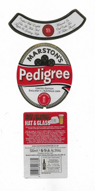 MARSTON'S BREWERY - BURTON UPON TRENT - PEDIGREE - ENGLAND v AUSTRALIA - USED