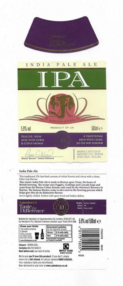 MARSTON'S BREWERY - BURTON UPON TRENT - I.P.A. ELEPHANT - USED - PLASTIC