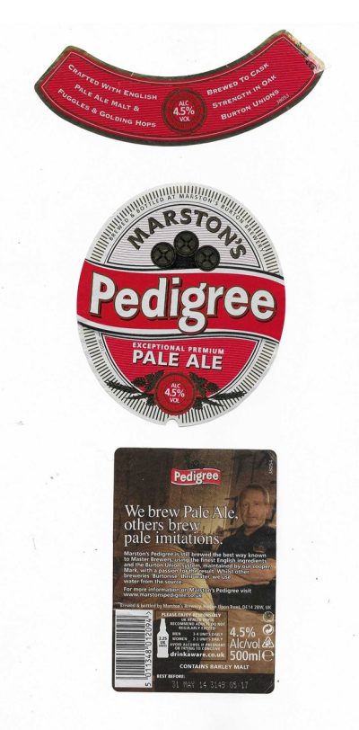 MARSTON'S BREWERY - BURTON UPON TRENT - PEDIGREE ( MAN ON BACK LABEL ) - USED