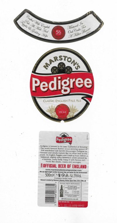 MARSTON'S BREWERY - BURTON UPON TRENT - PEDIGREE - ( OFFICIAL BEER OF ENGLAND ) - USED
