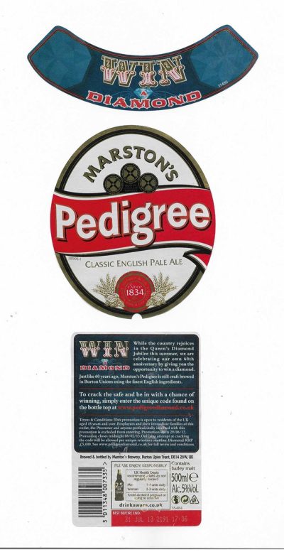 MARSTON'S BREWERY - BURTON UPON TRENT - PEDIGREE ( WIN A DIAMOND ) - USED