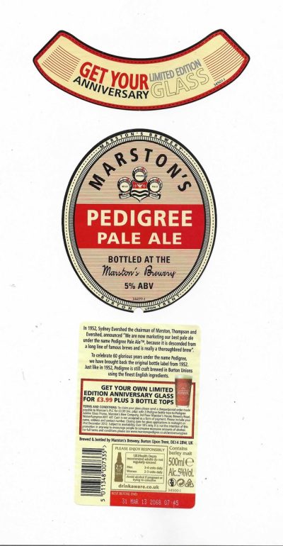 MARSTON'S BREWERY - BURTON UPON TRENT - PEDIGREE PALE ALE - USED