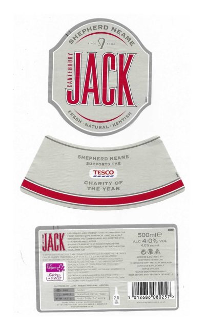 SHEPHERD NEAME OF FAVERSHAM - CANTERBURY JACK - TESCO NECK LABEL - USED