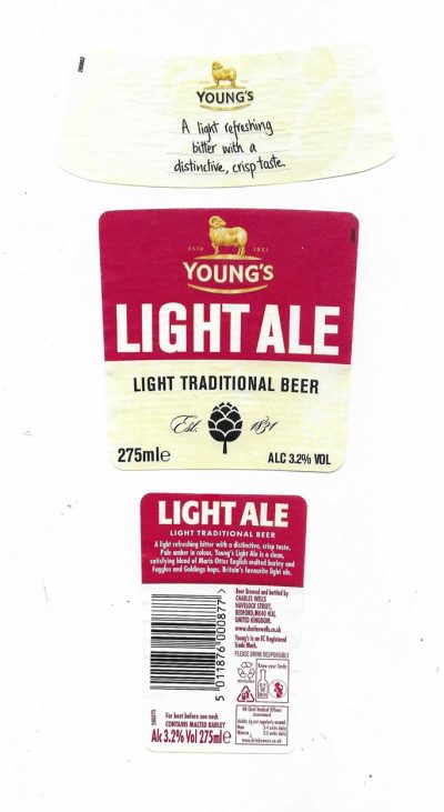 WELLS & YOUNG'S BREWING OF BEDFORD - YOUNG'S RAM - LIGHT ALE ( A ) - USED