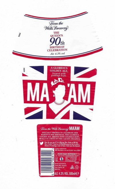 WELLS & YOUNG'S BREWING CO .LTD. BEDFORD - MA'AM - QUEEN'S 90TH BIRTHDAY - USED