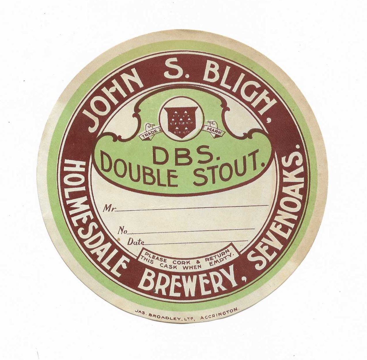 JOHN BLIGH - HOLMESDALE BREWERY - SEVENOAKS - C1905 - EXTREMELY RARE - 126mm TALL - DBS DOUBLE STOUT - SEE BOTH PICS