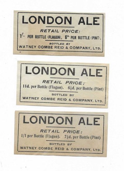 WATNEY COMBE REID - 3 DIFFERENT c1905 LABELS - 44mm TALL - SEE BOTH PICS