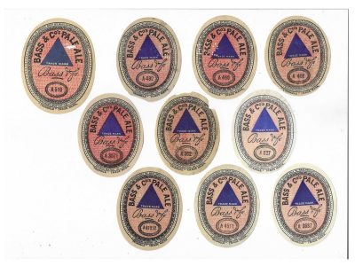 BASS - BLUE TRIANGLE - A FURTHER 10 DIFFERENT NUMBERED LABELS - SMALLER ARE APPROX. 72mm TALL