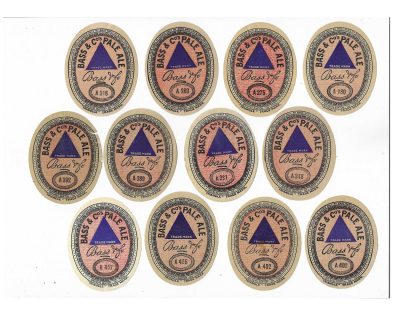 BASS - BLUE TRIANGLE - A FURTHER 12 DIFFERENT NUMBERED LABELS (B) - APPROX. 72mm TALL