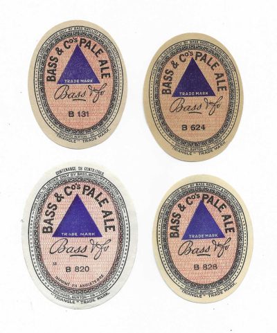 BASS - BLUE TRIANGLE - 4 DIFFERENT NUMBERED LABELS (B NUMBERS) - SMALLER ARE APPROX. 72mm TALL